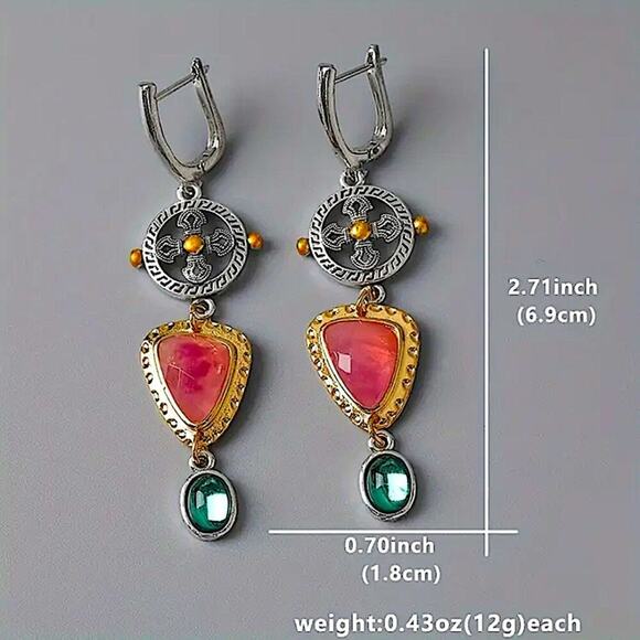 Tribal Pink, Green Stone Dangle Earrings Vintage Bohemian Boho - Picture 6 of 6